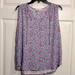 Loft Bloom Tie Neck Mixed Media Shell - Size Large - Multicolored